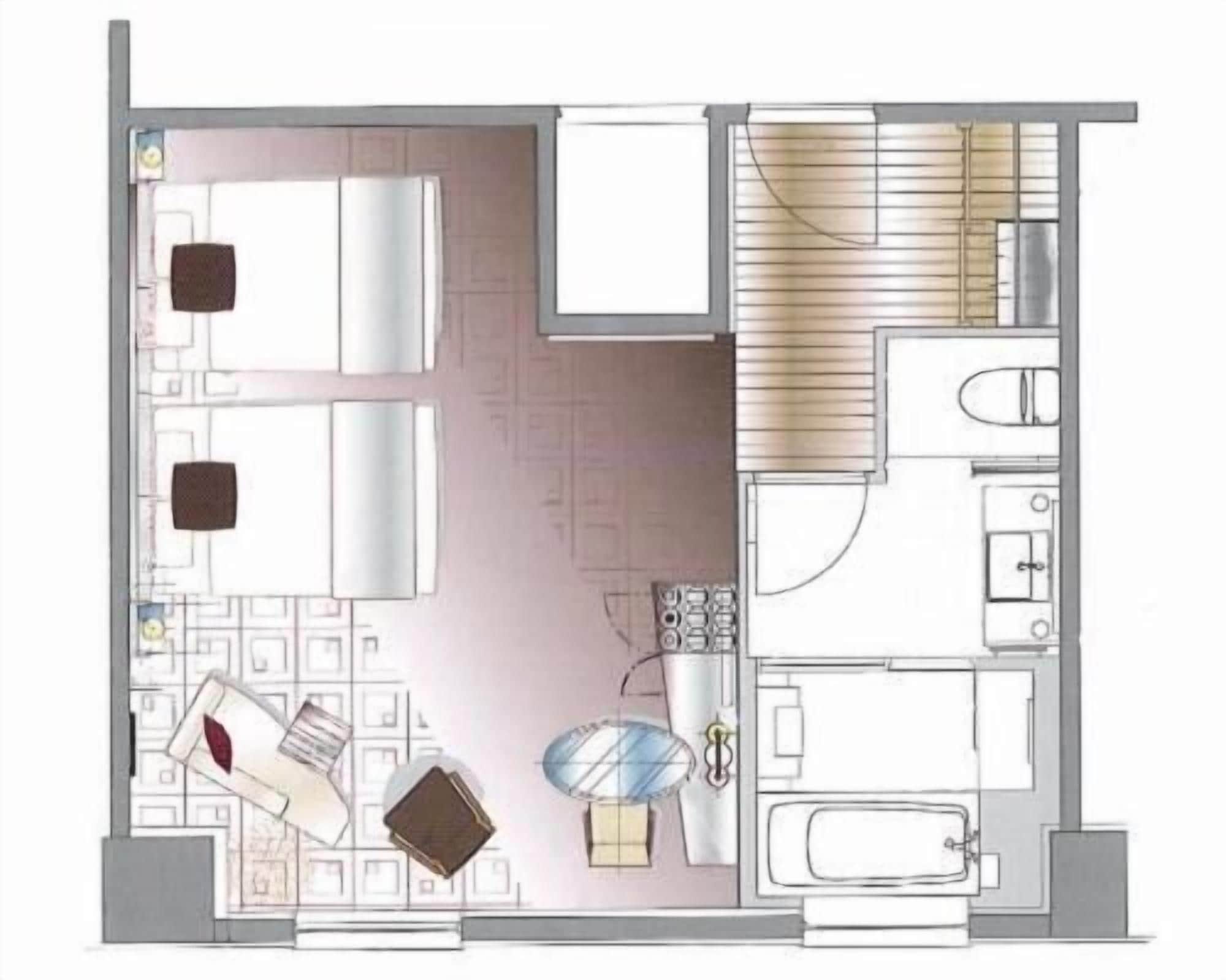 Plano de planta de una habitación de hotel con baño, kitchenette y zona de estar con mesa y sillas.