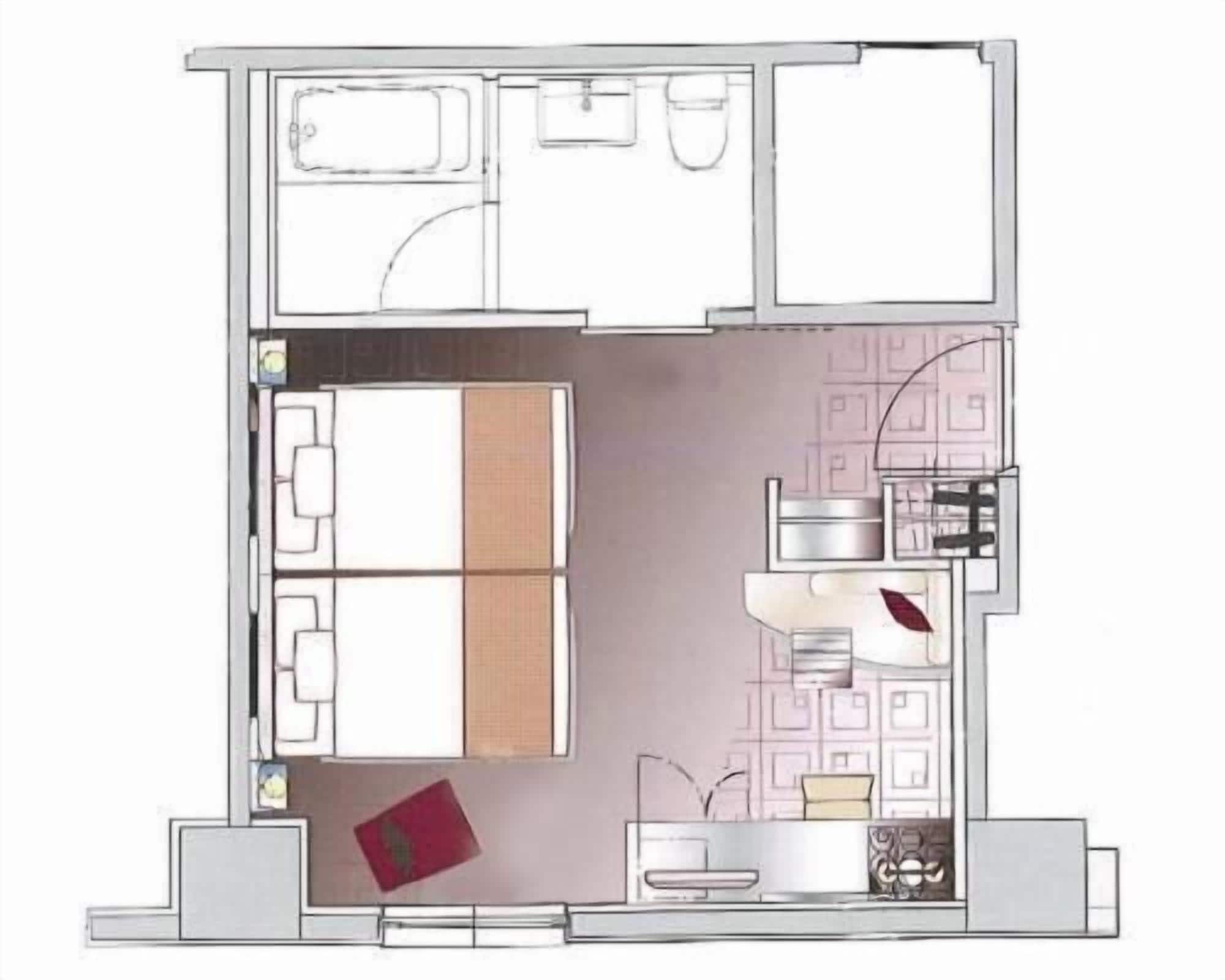 A hotel room layout with a bed, a small seating area, a kitchenette, and a bathroom.