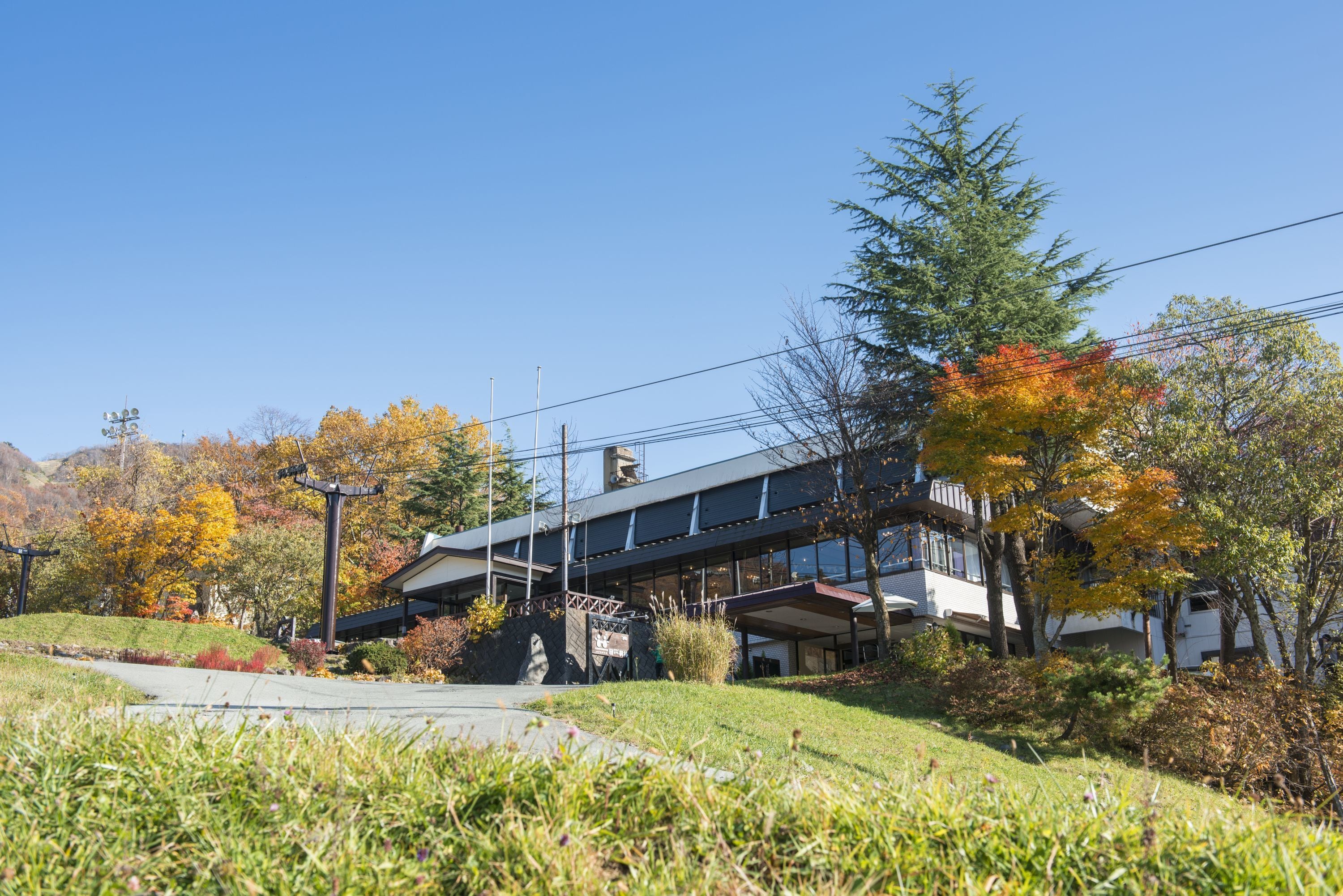 A modern building with a flat roof and large windows, surrounded by autumn foliage and a clear sky.