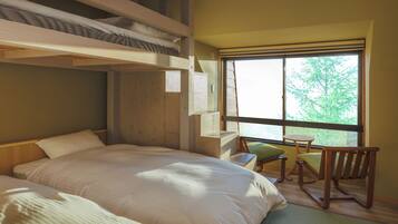 A room with a bunk bed, a desk, and a chair near a window.