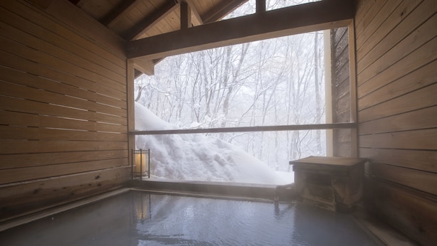 A sauna room with wooden walls and a large window. - Takamiya Hotel Jurin (Yamagata)