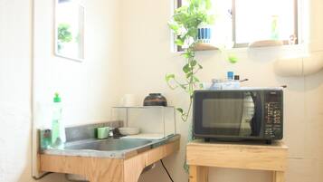 Fridge, microwave, electric kettle