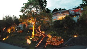 Un barrio residencial con una escalera que lleva a una casa rodeada de árboles e iluminada con luces colgantes.