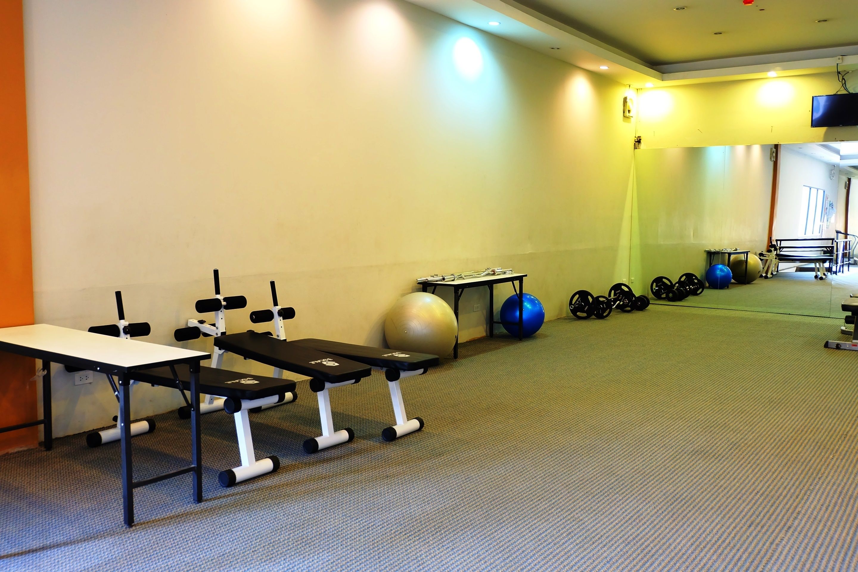 Une salle de sport équipée de matériel d’exercice, notamment des bancs, des haltères et des ballons d’exercice.