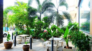 Un área de estar al aire libre con plantas en macetas y mesas, rodeada de follaje.