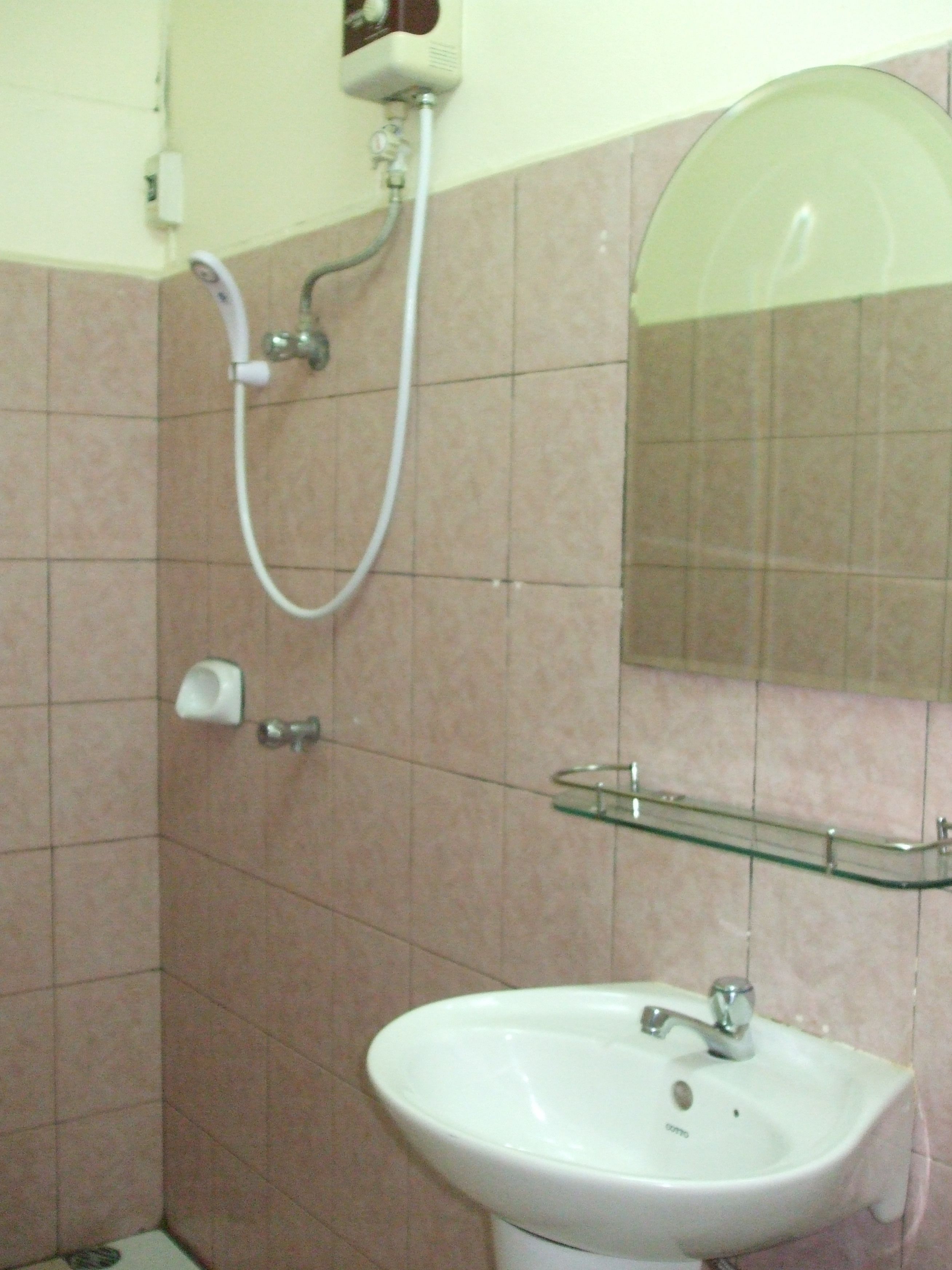 Un baño con un lavamanos blanco, estante de vidrio, ducha de mano y espejo.