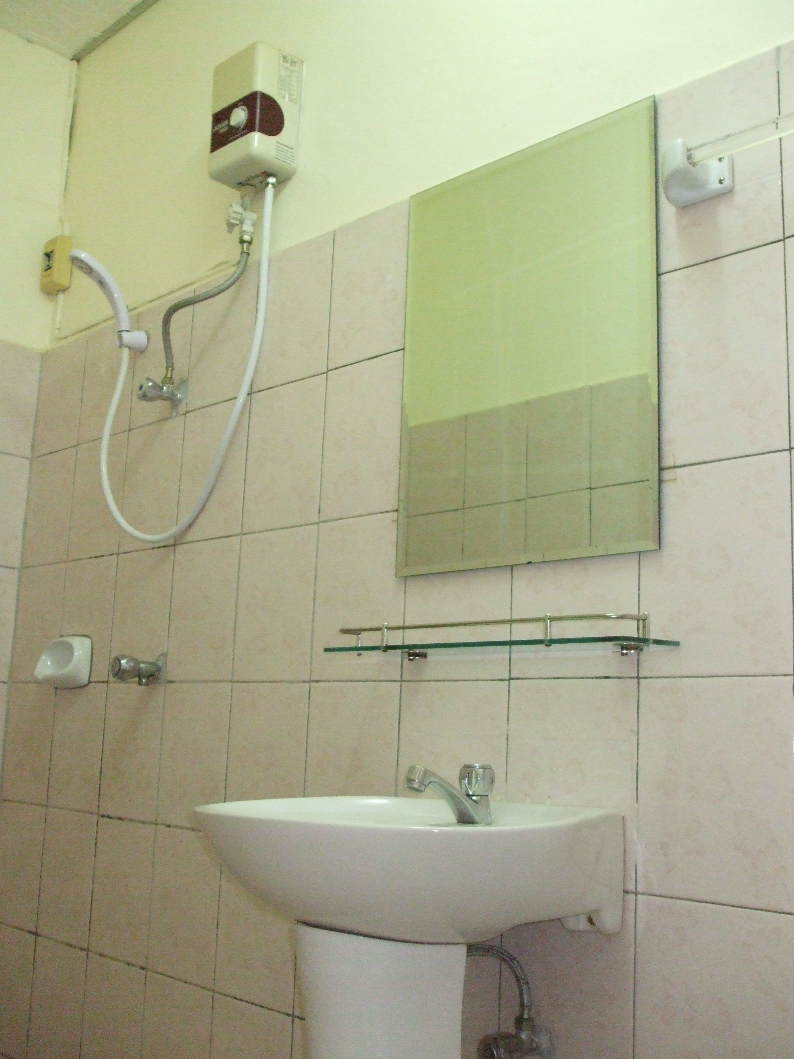 A bathroom with a white sink, a mirror, and a shower with a hose.