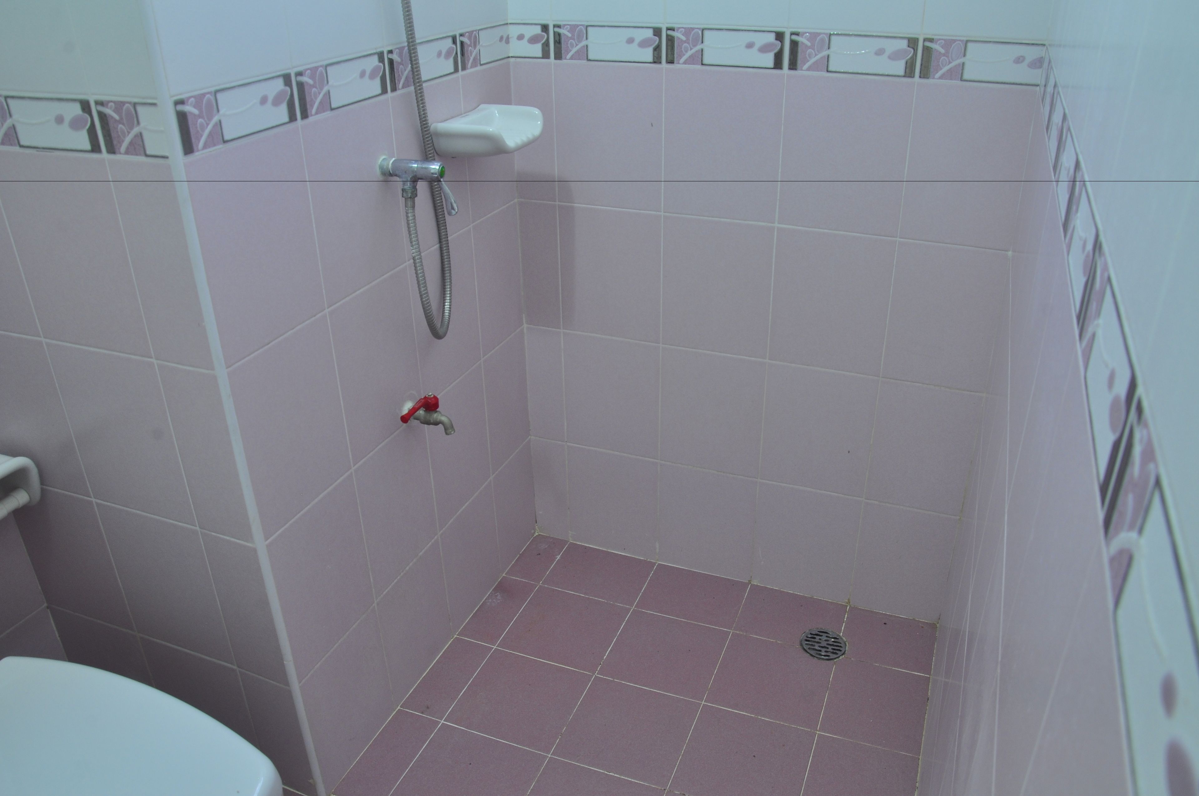 A small bathroom with a toilet, a shower, and a sink.