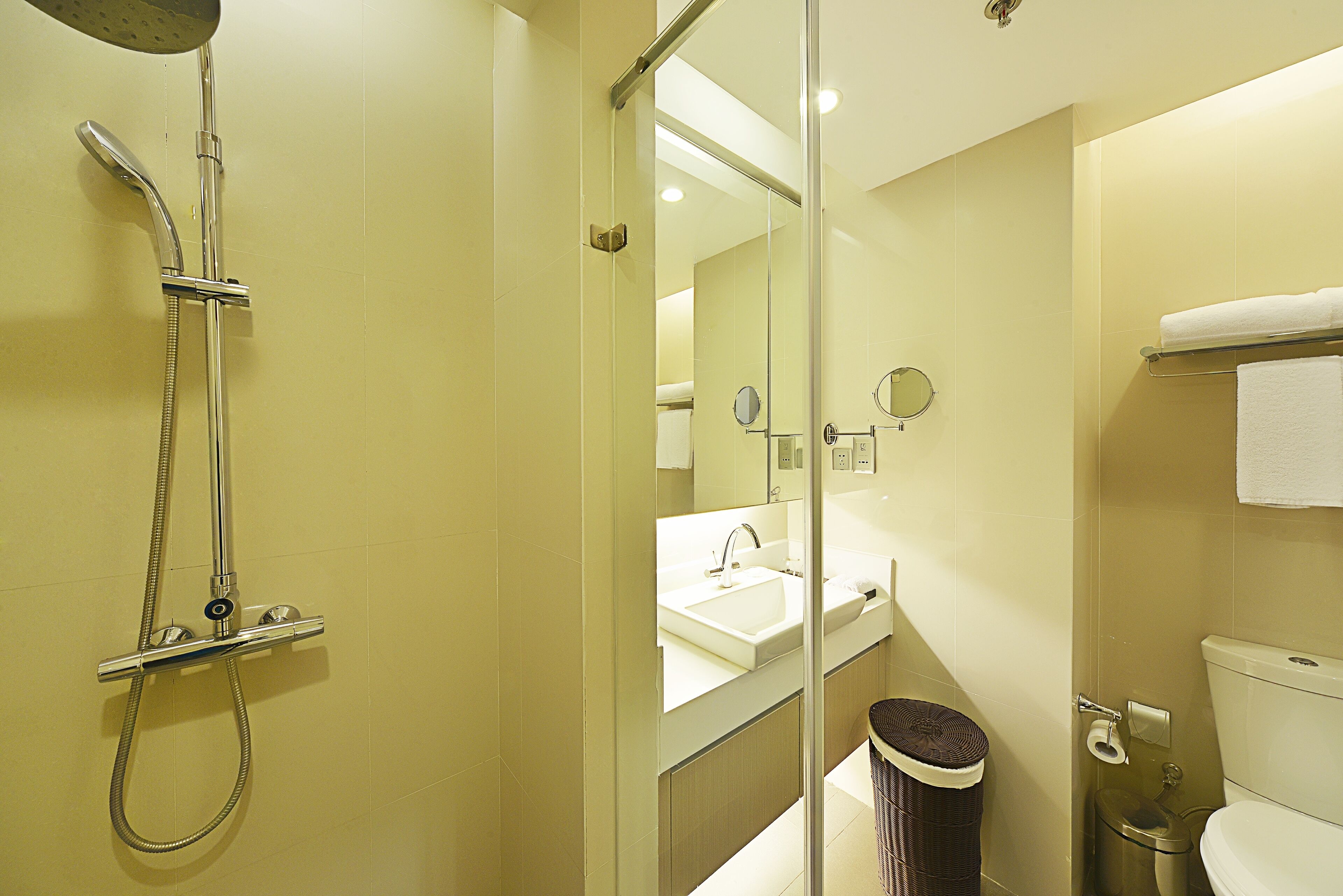A modern bathroom with a glass shower enclosure, a sink, and a toilet.
