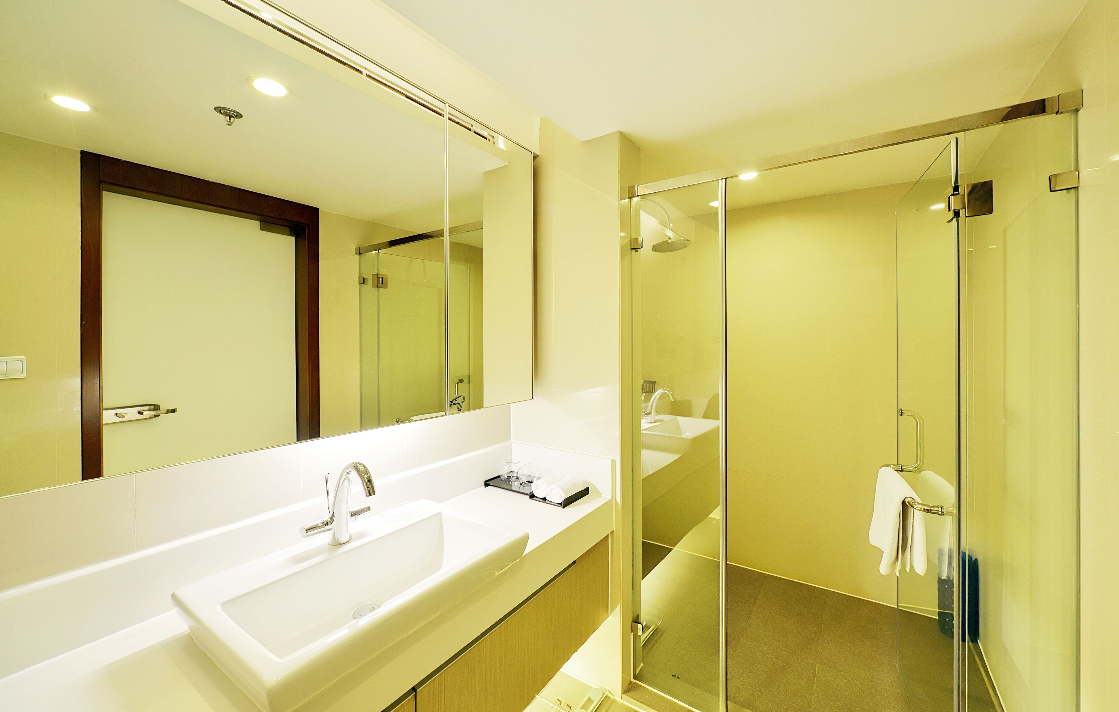 Un baño moderno con un espejo grande, dos lavamanos, una ducha y zona de ducha con mampara de vidrio.