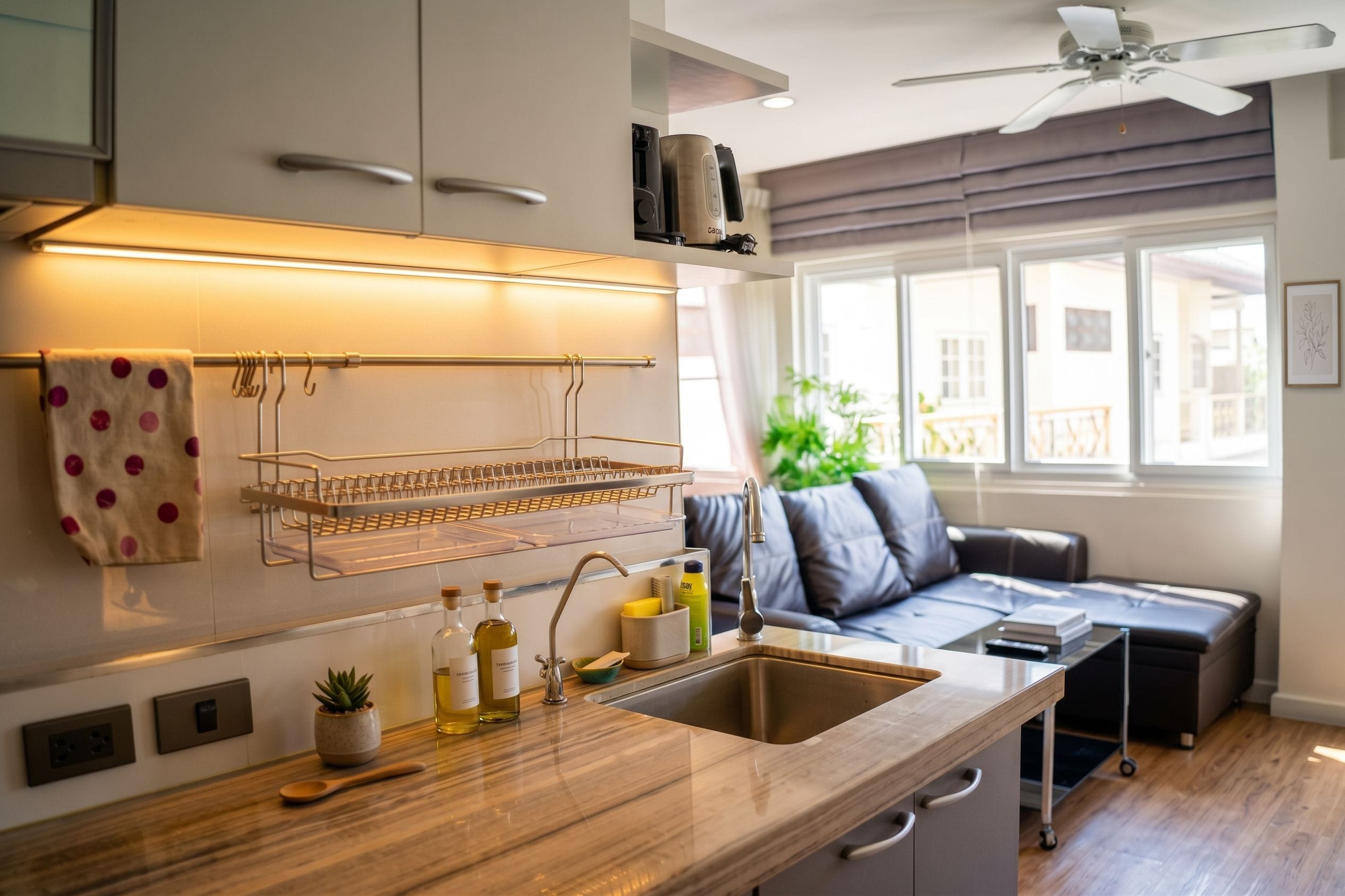 A modern kitchen with a built-in oven, a sink, and a countertop with a kettle and bottles.