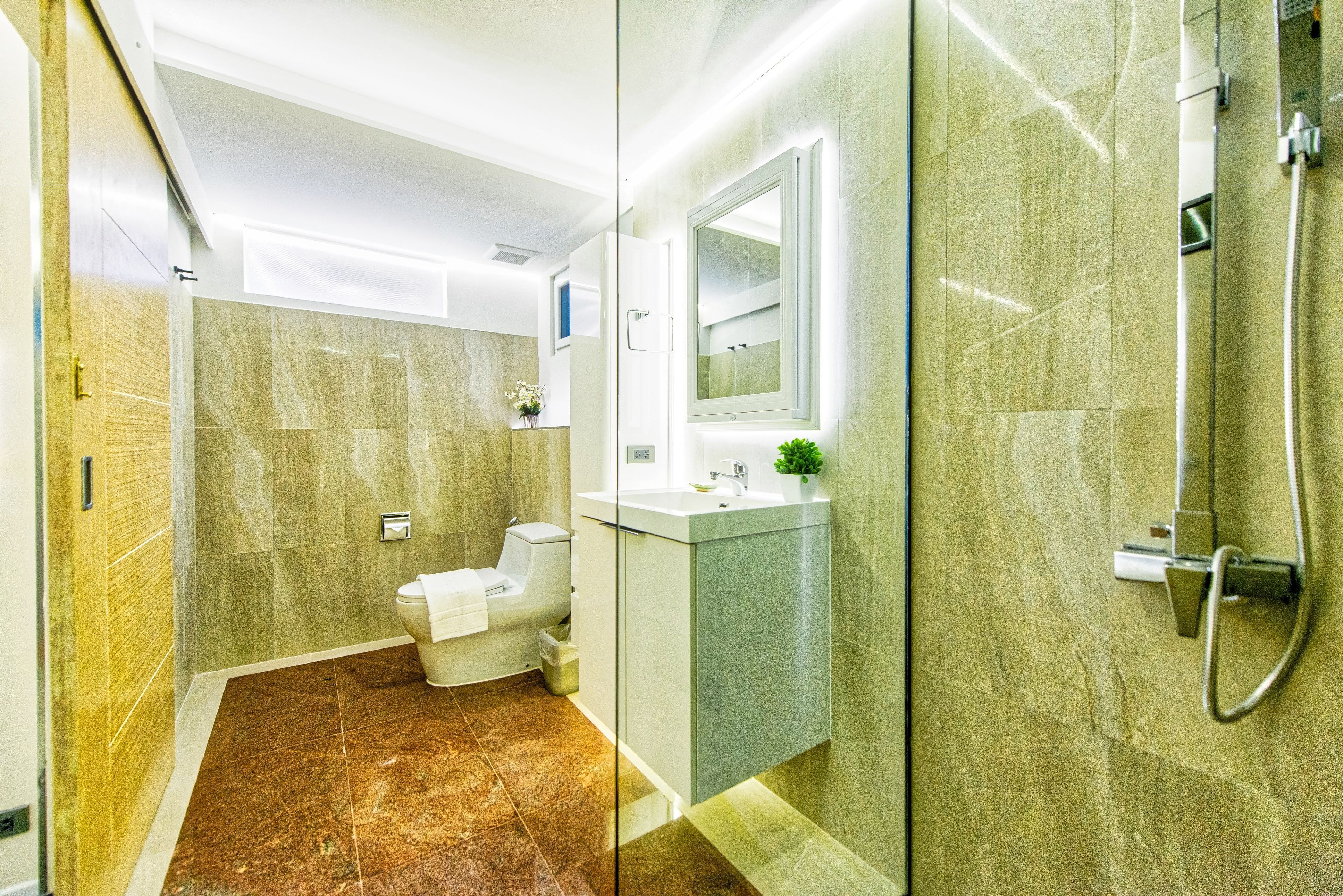 A modern bathroom with a glass shower enclosure, a toilet, and a vanity with a mirror.