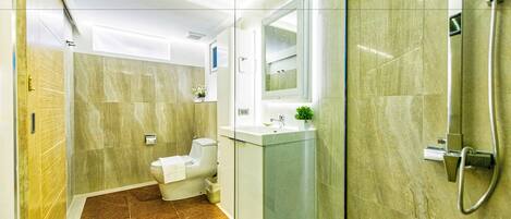 A modern bathroom with a glass shower enclosure, a toilet, and a vanity with a mirror.