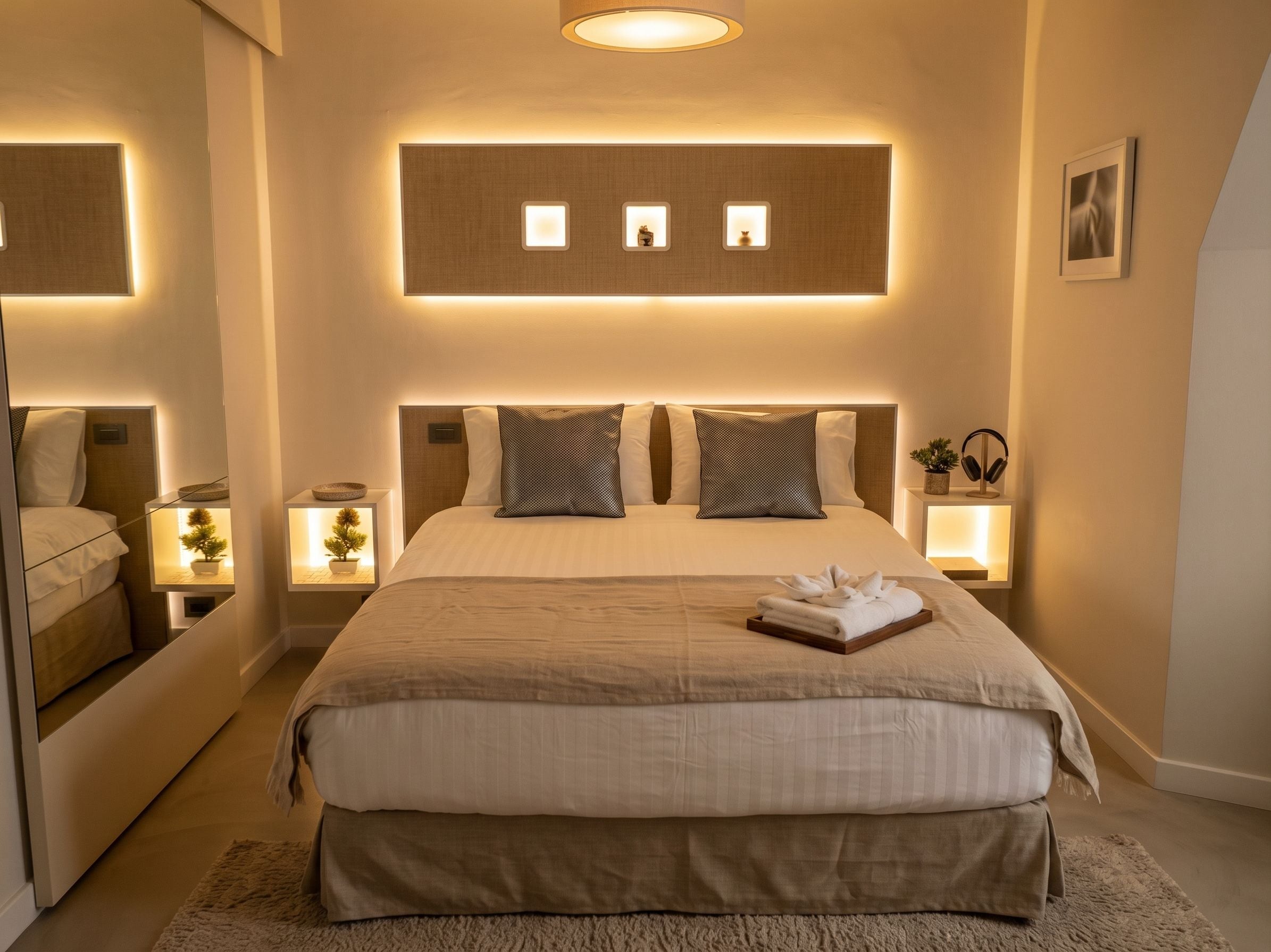 A hotel room with a large bed, bedside tables with lamps, a small potted plant, and a framed picture on the wall.