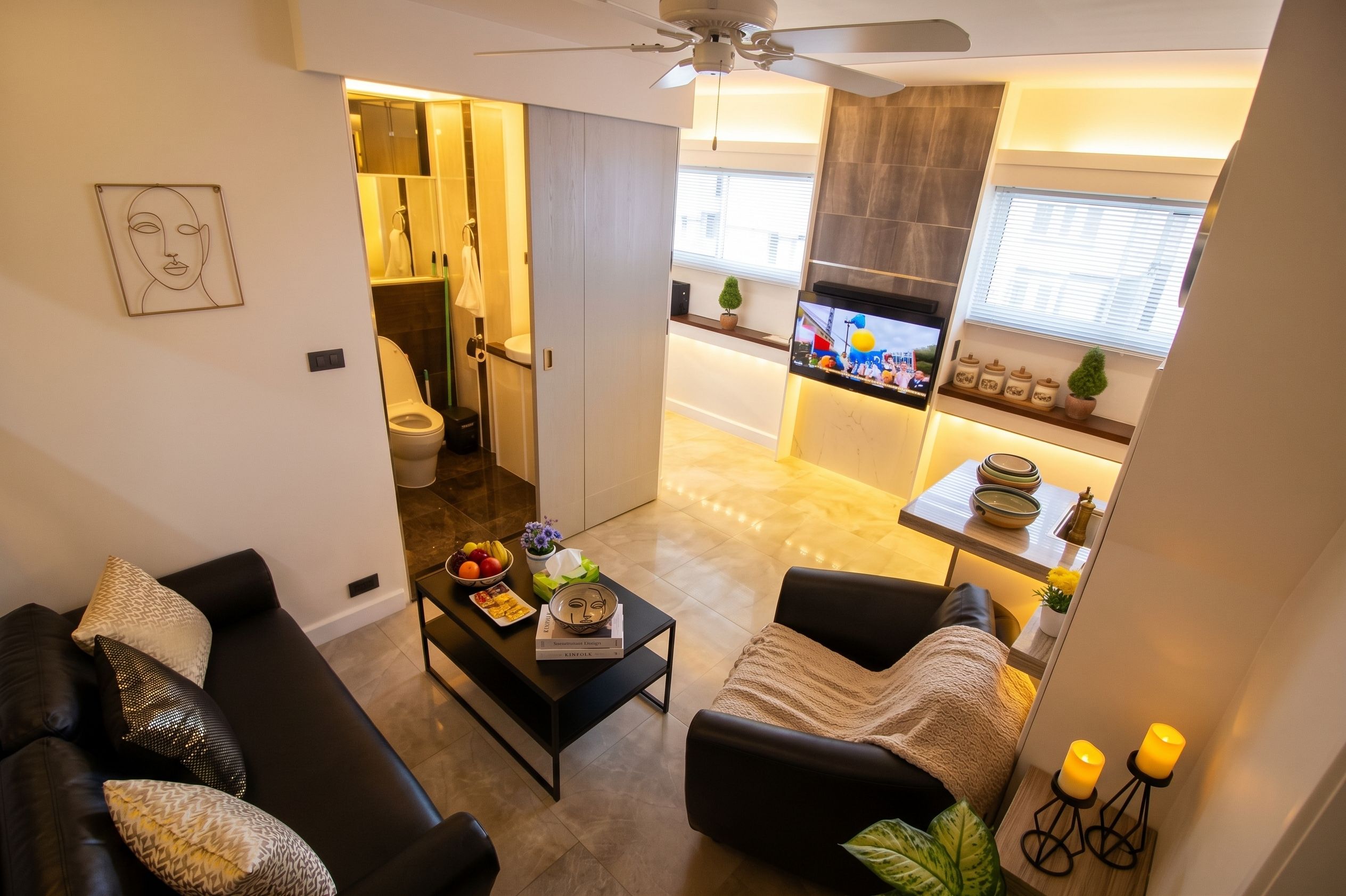 A modern living room with a black sofa, a coffee table with books and fruit, and a view into the kitchen area.