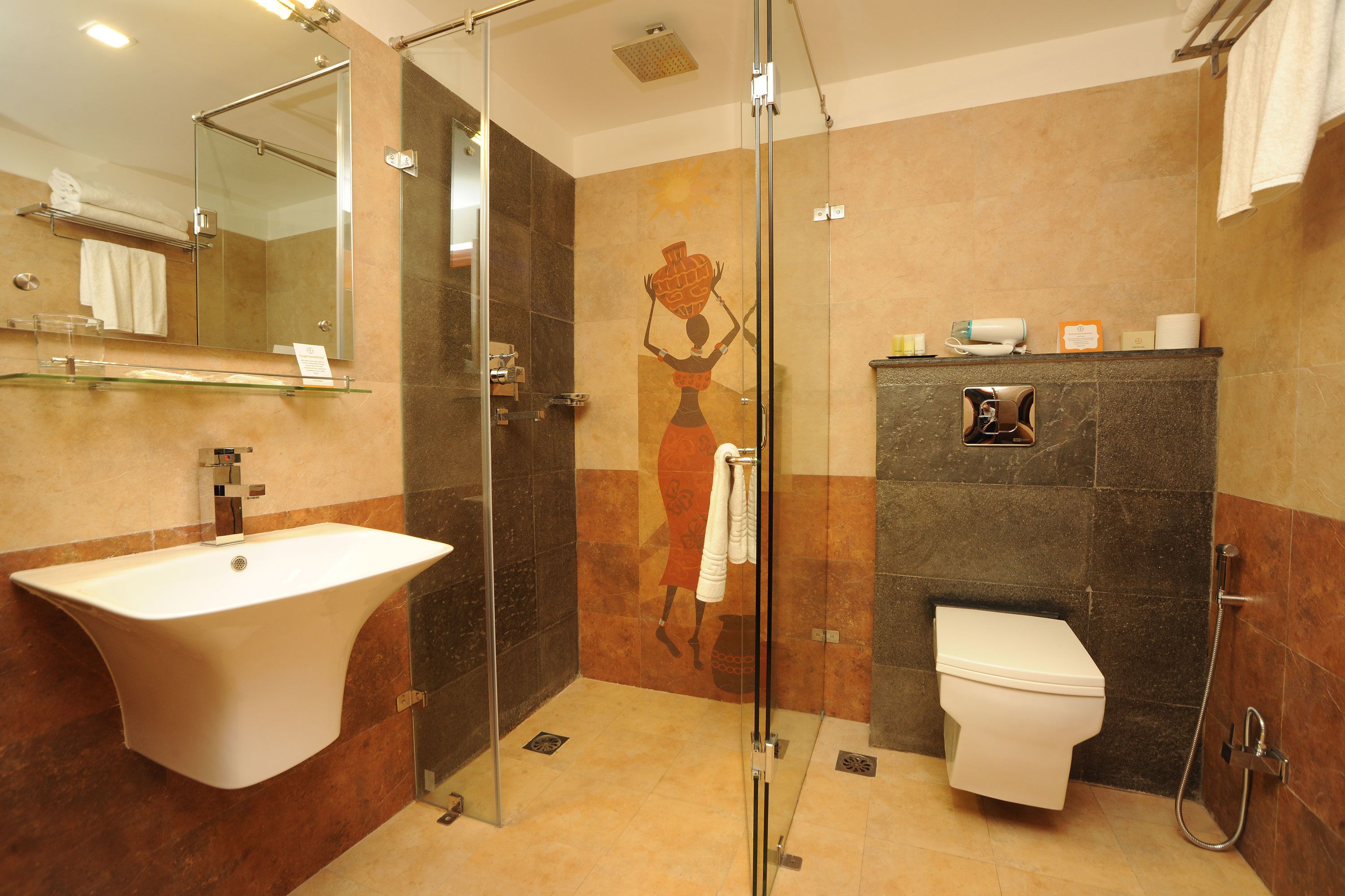 shower, rainfall showerhead, free toiletries, hair dryer