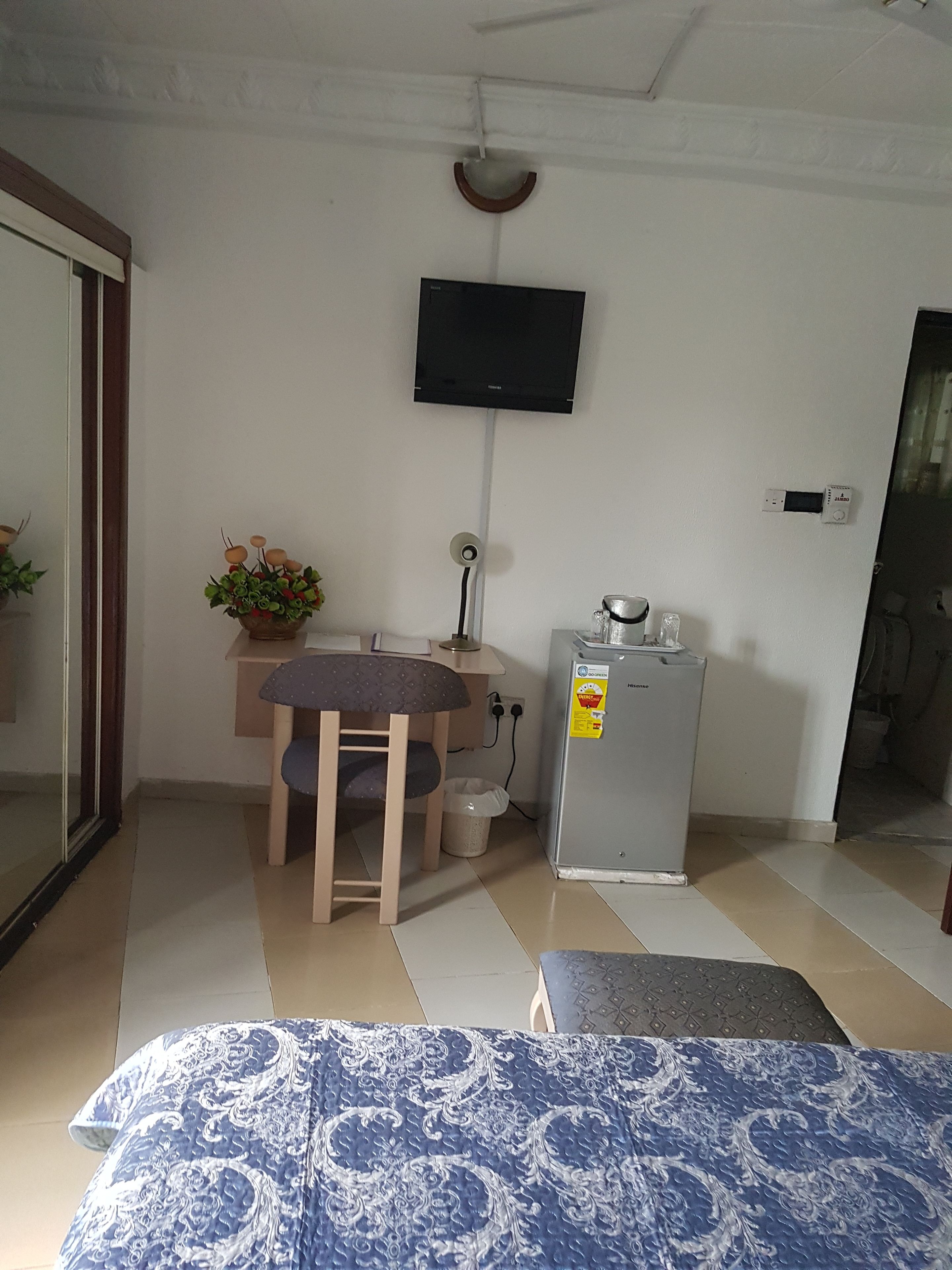 A bedroom with a bed, a desk with a chair, a television, a refrigerator, and a potted plant.