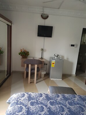 Quarto com cama, escrivaninha com cadeira, televisão, frigorífico e planta em vaso.