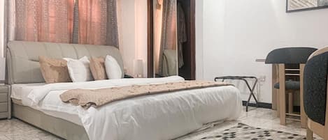 Premium bedding, desk, free WiFi, bed sheets