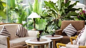 A cozy indoor seating area with cushioned chairs, round tables, and potted plants.