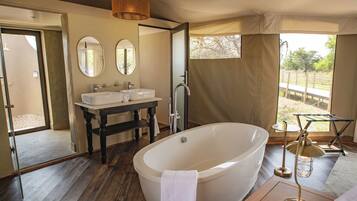 Luxury Tent | Bathroom | Designer toiletries, hair dryer, bathrobes, slippers