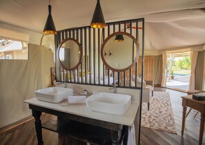 Luxury Tent | Bathroom | Designer toiletries, hair dryer, bathrobes, slippers