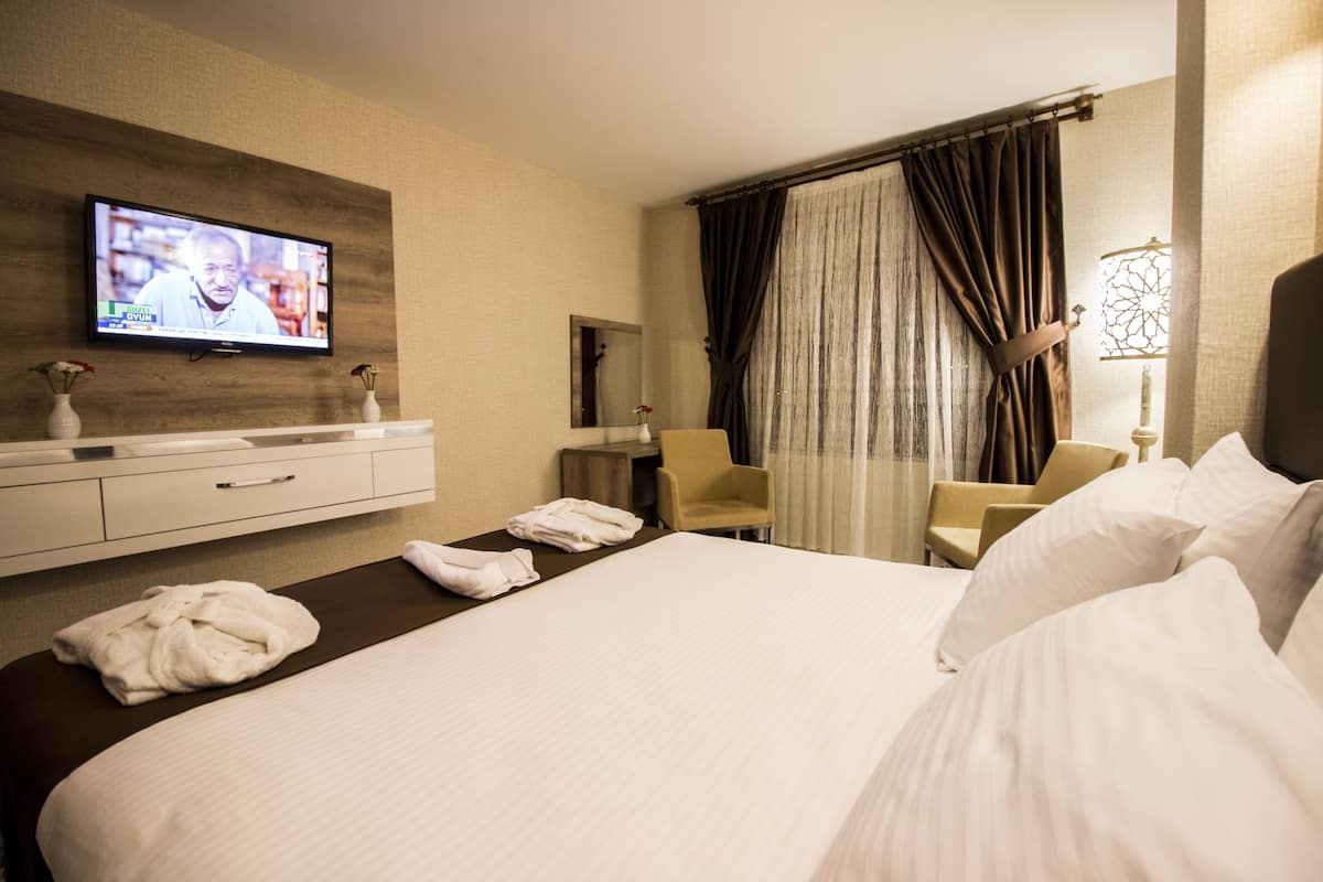 Habitación de hotel con una cama grande, un televisor en la pared, un escritorio con una silla y una ventana con cortinas.