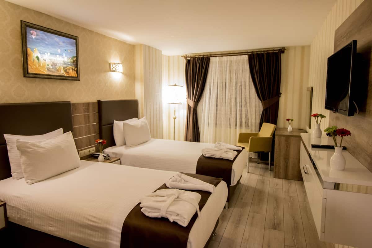 Una habitación de hotel con dos camas, un escritorio, un televisor y un cuadro en la pared.