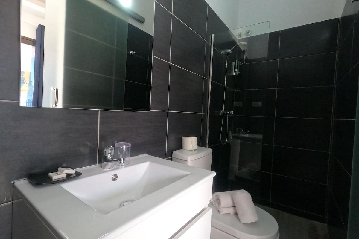 economy double room | bathroom | shower, free toiletries, hair dryer, towels