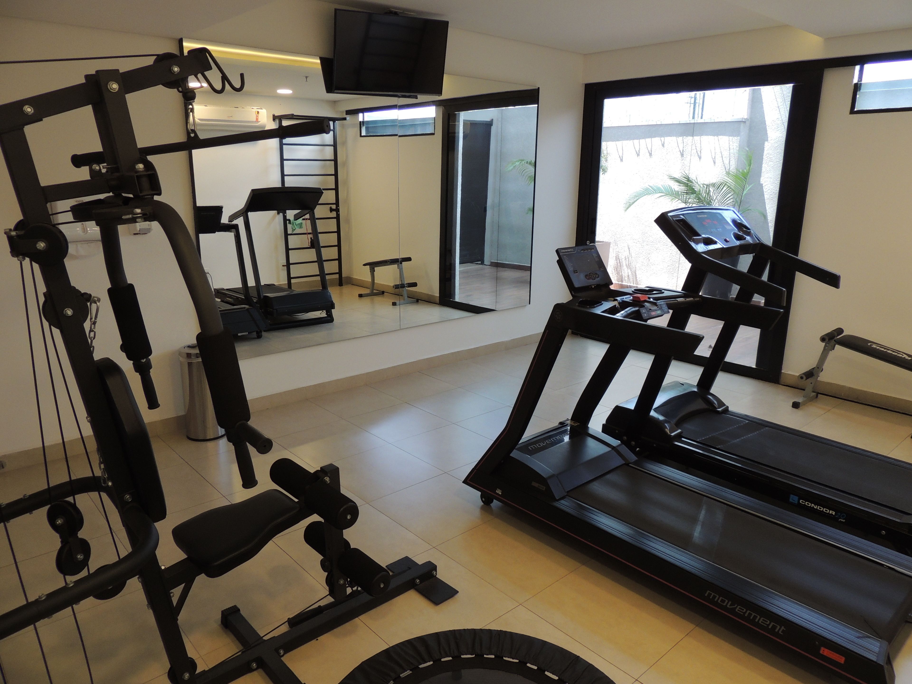 A gym with treadmills, weight machines, and a TV.