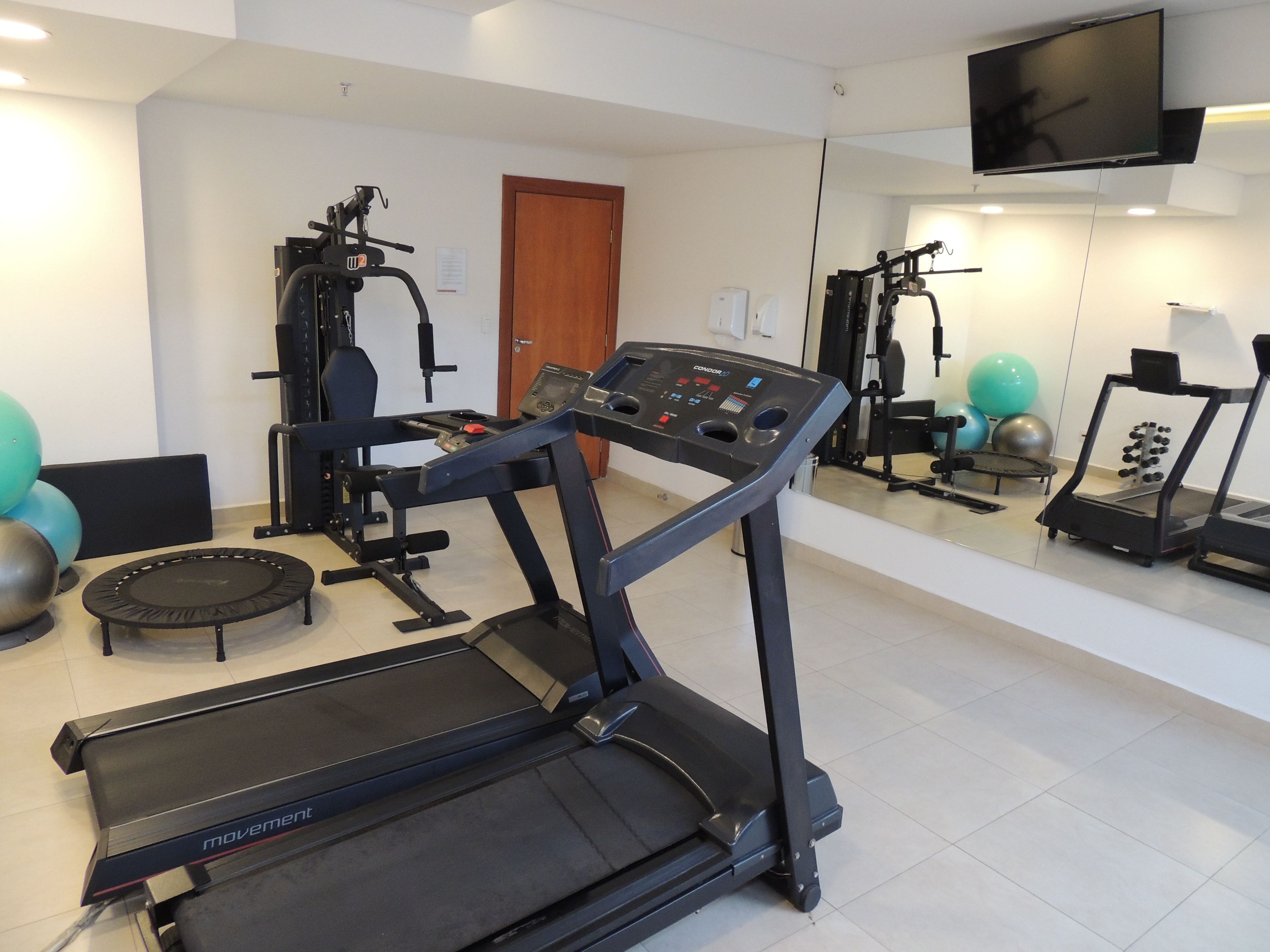 Une salle de sport à domicile équipée d’un tapis de course, d’un vélo d’exercice et de divers poids et ballons d’exercice.
