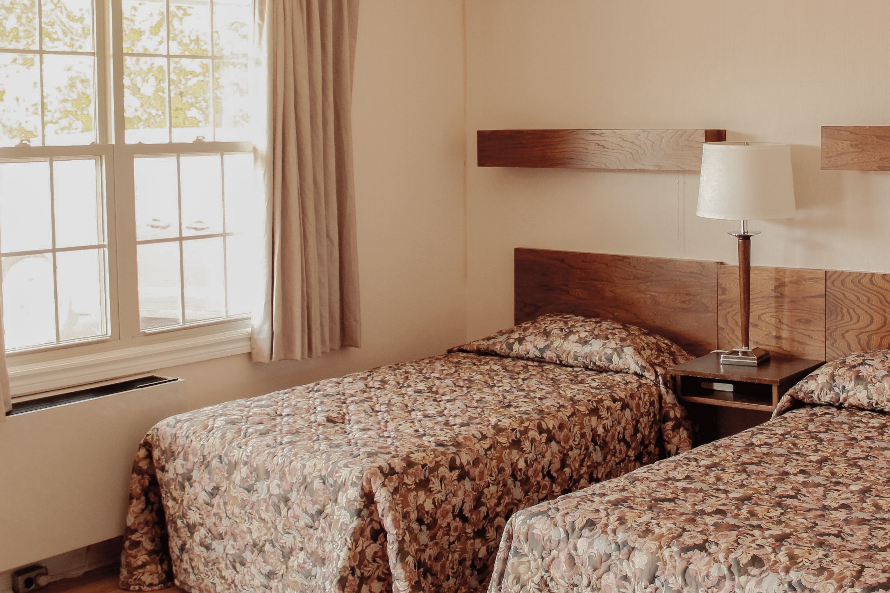 A bedroom with two beds, a nightstand, a lamp, and a window with curtains.