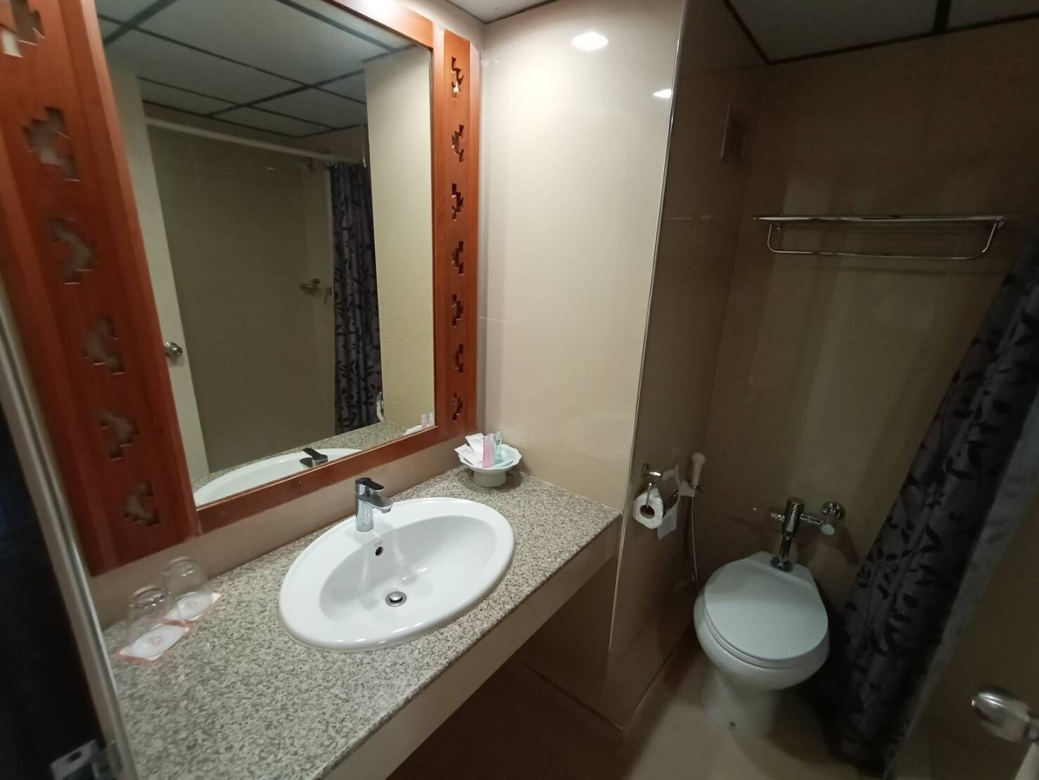 Un baño con lavamanos blanco, un espejo, inodoro y zona de ducha.