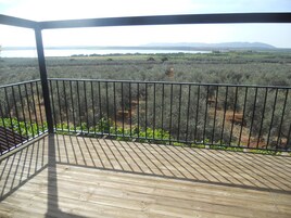 Una terraza de madera con barandilla metálica que da a un paisaje con árboles y montañas lejanas.