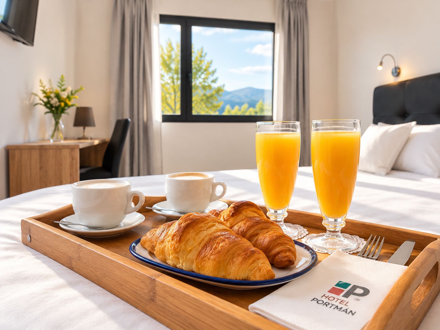 A hotel room with a breakfast tray containing croissants, coffee, and orange juice.