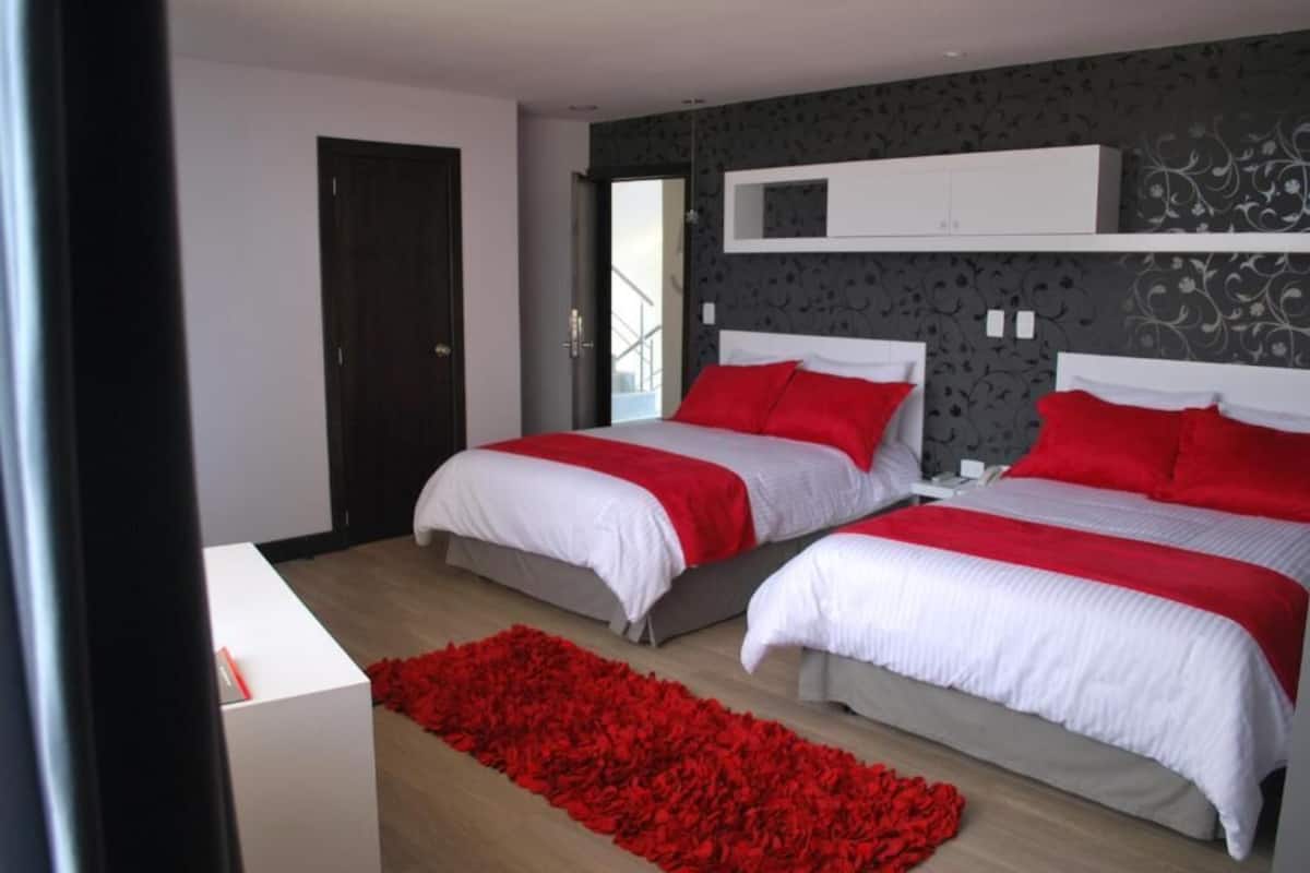 A bedroom with two beds, a red rug, and a white cabinet above the beds.