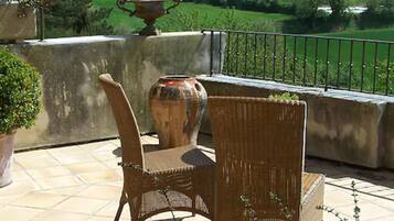 Un patio con una silla de mimbre, un jarrón grande y una planta en maceta.