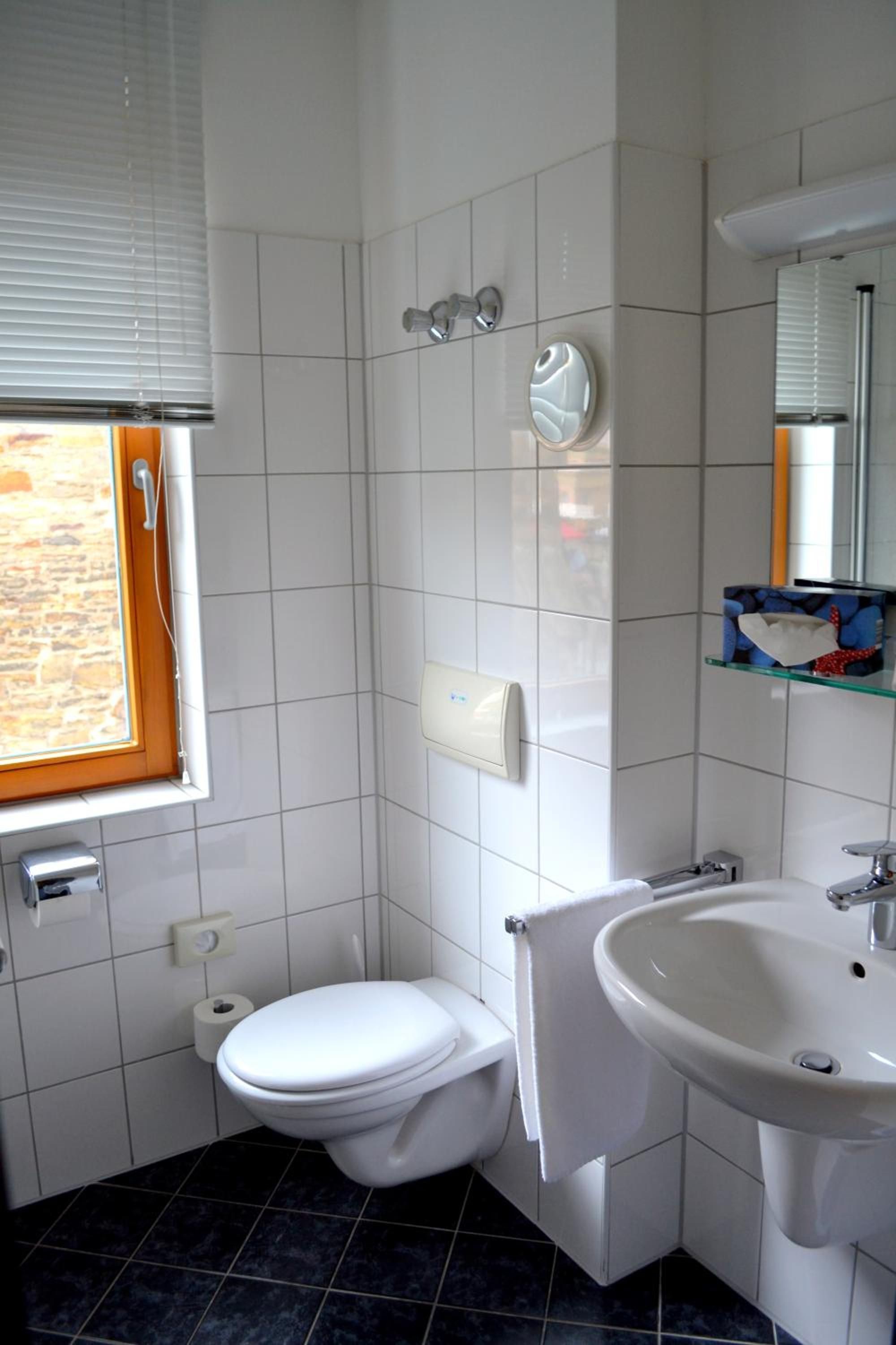Ein Badezimmer mit Toilette, Waschbecken und Dusche.