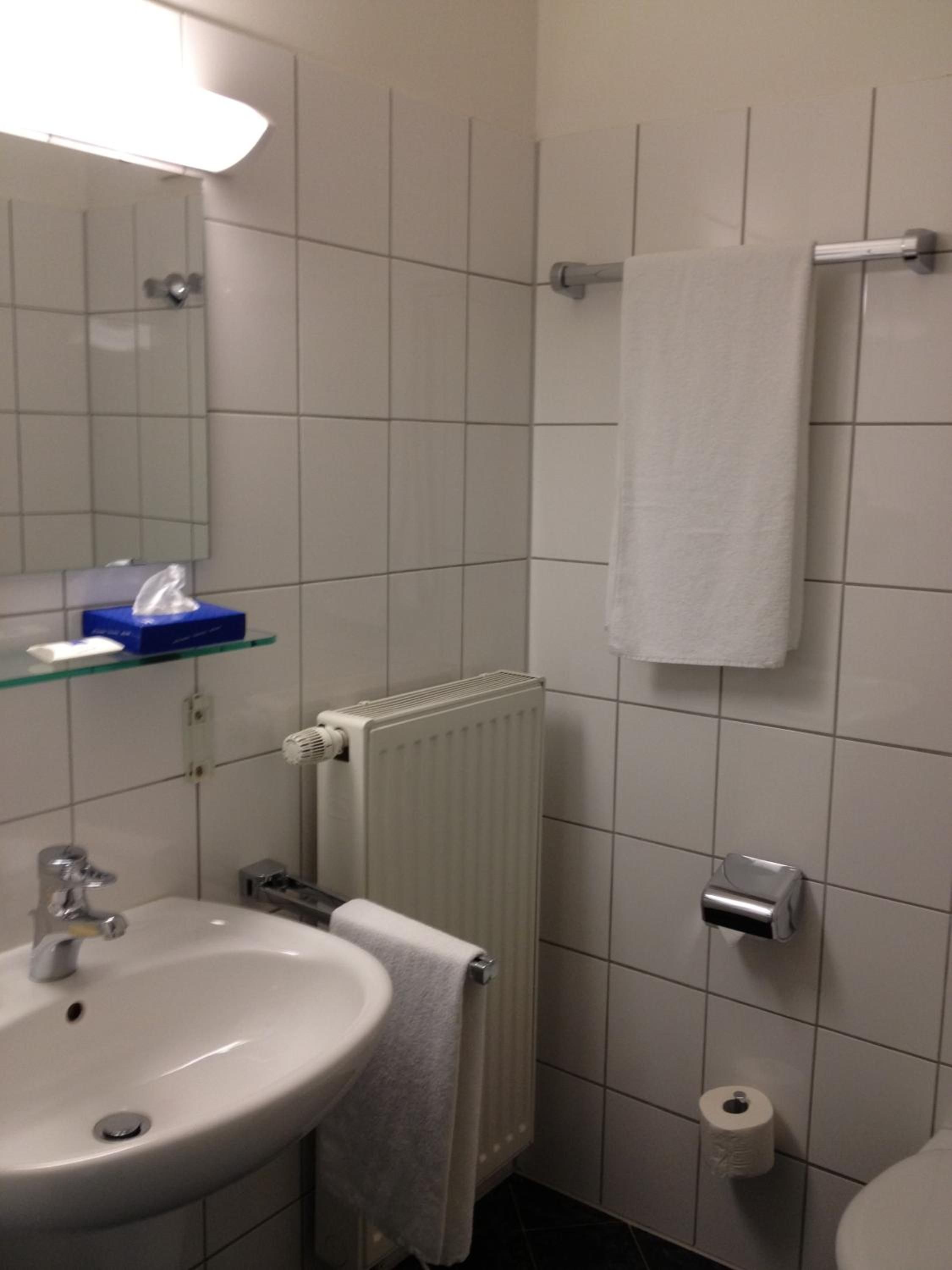 A bathroom with a white sink, a mirror, a towel rack, a radiator, and a toilet paper dispenser.