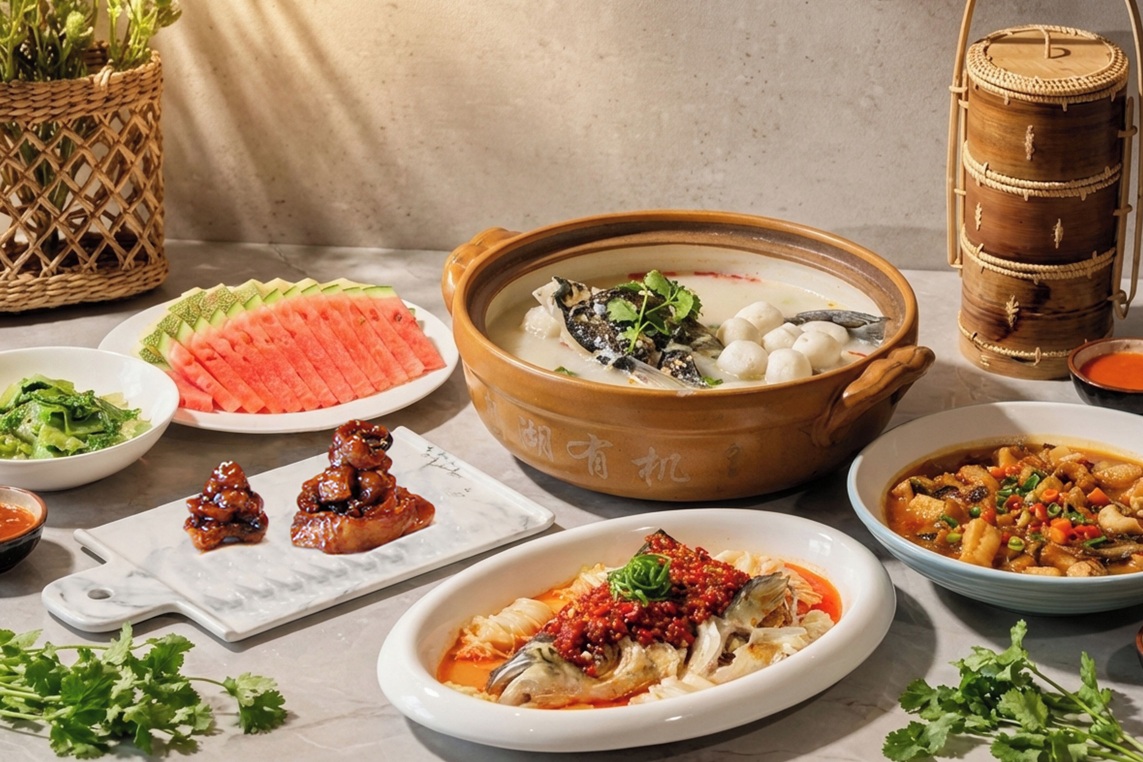 Variedad de platos, incluyendo un tazón de sopa de pescado y albóndigas, una porción de sandía y un plato con pescado y salsa roja.