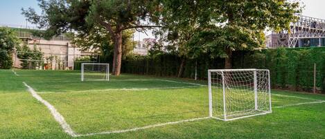 A soccer field with two goals and a tree in the background.