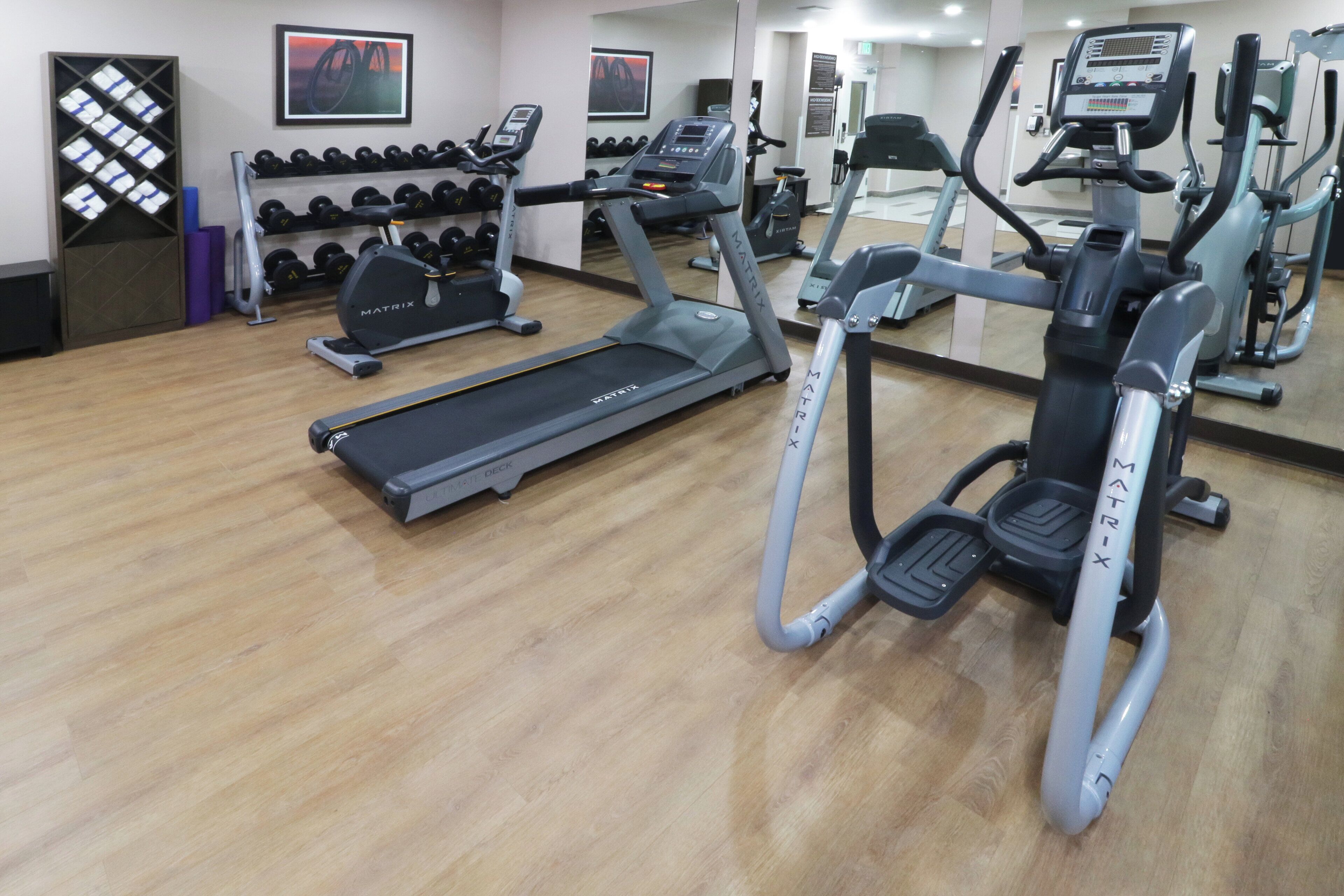 Una palestra con tapis roulant, macchinari ellittici e un espositore di manubri.