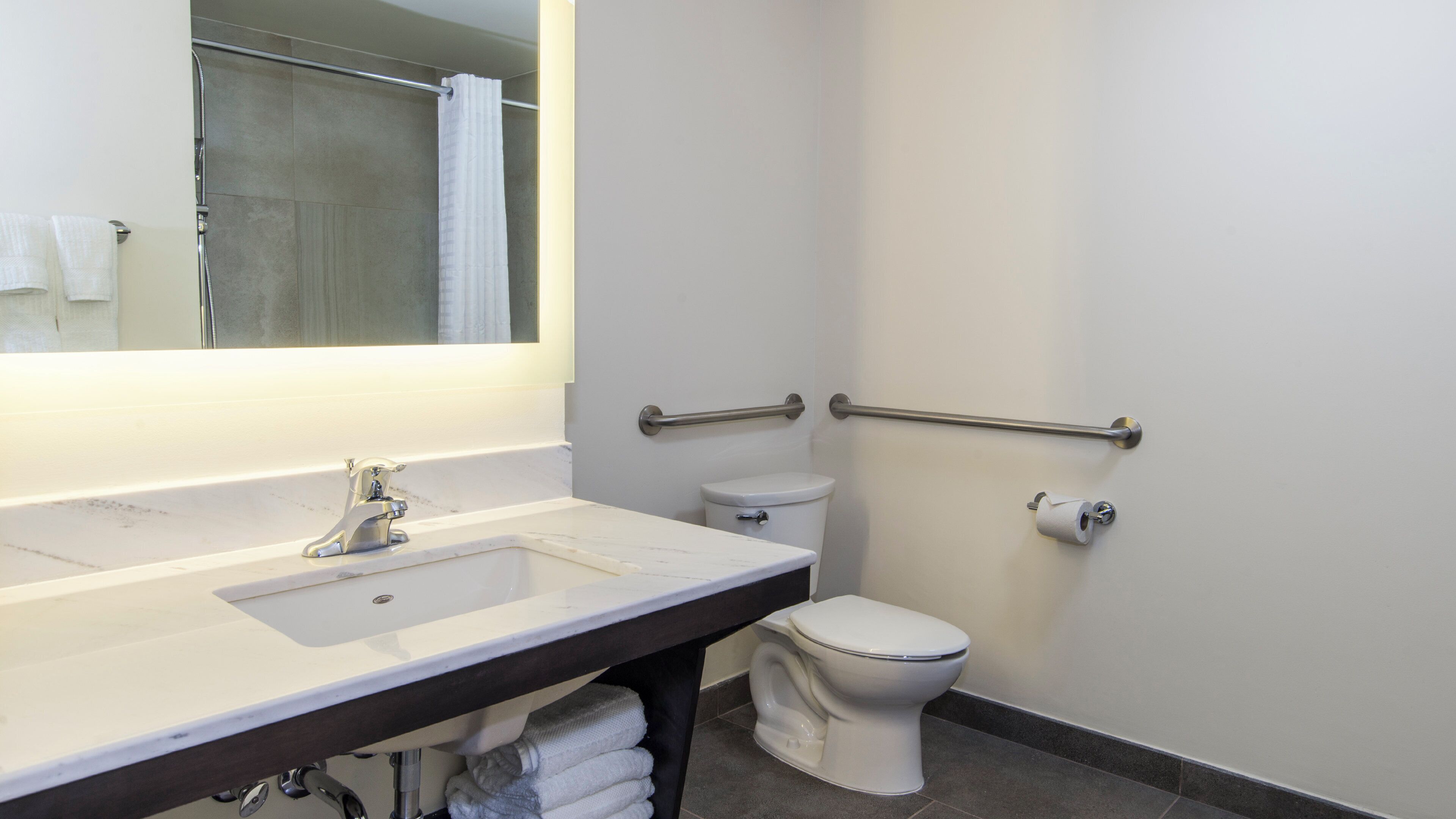 Une salle de bain équipée d’un lavabo, d’un miroir, de toilettes et de barres d’appui.