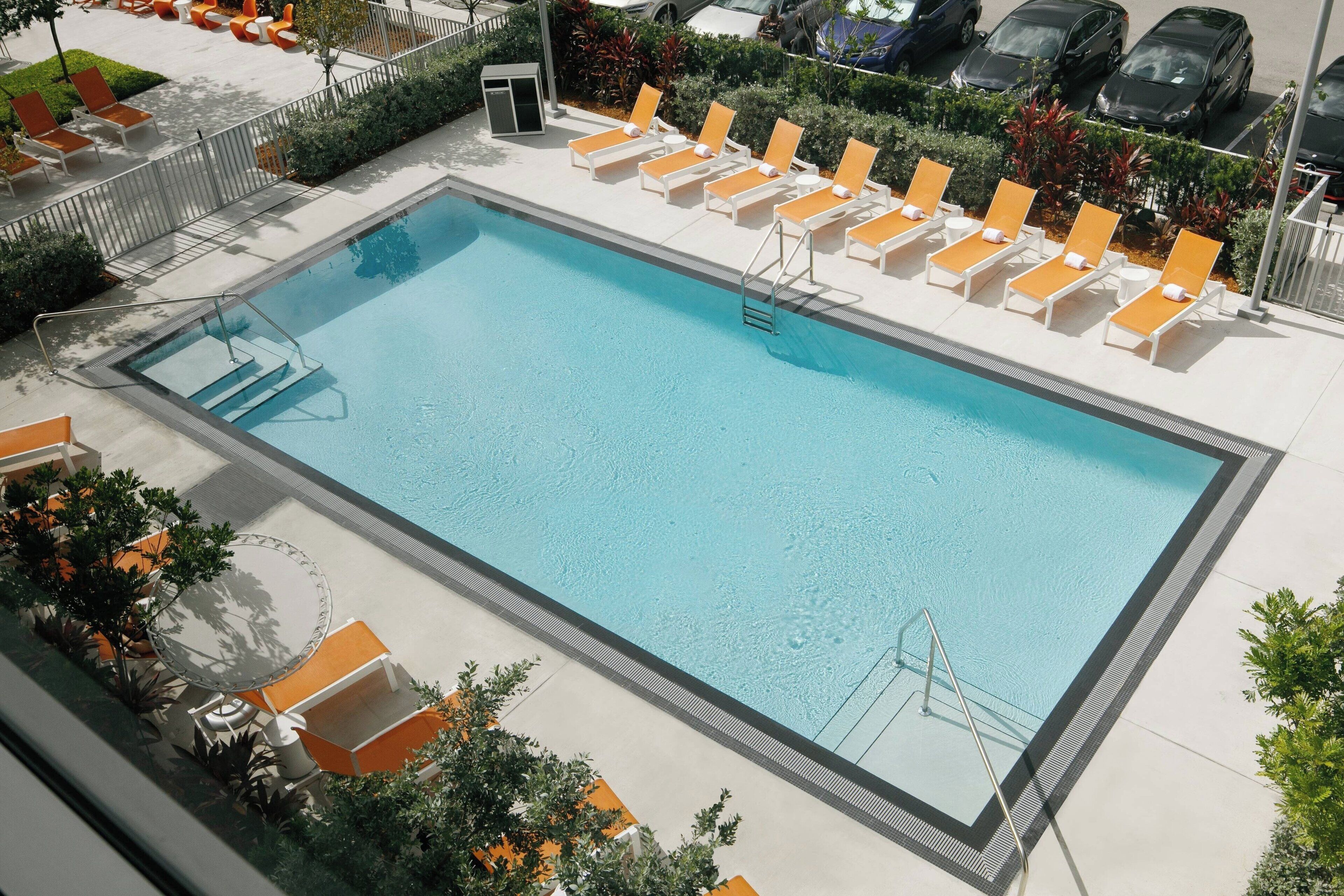 outdoor pool, pool loungers