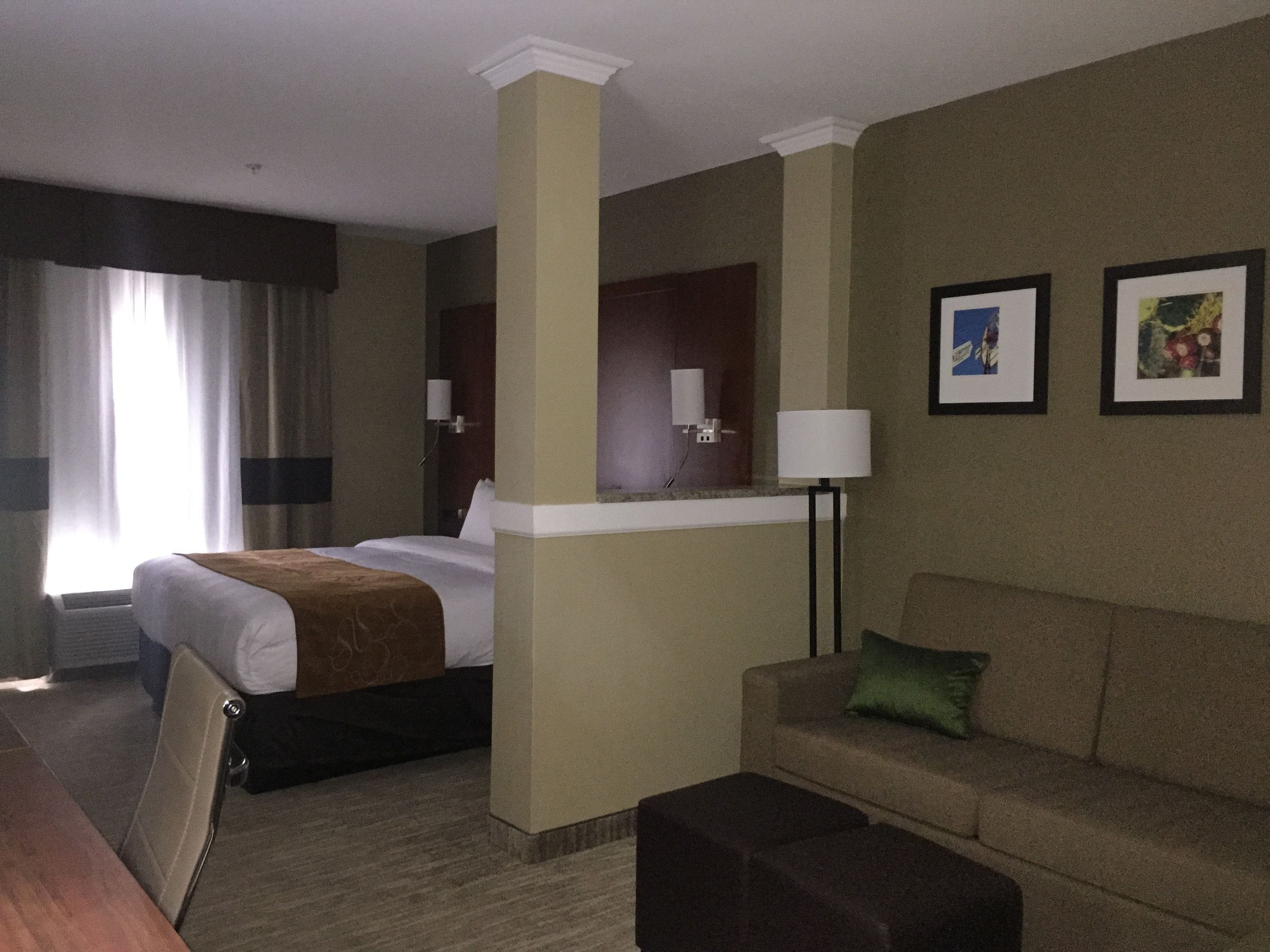 A hotel room with a bed, a sofa, a desk, and a chair.