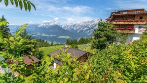 A mountain view with a chalet-style building featuring a balcony with flowers, surrounded by lush greenery. - Frieden (Pill)