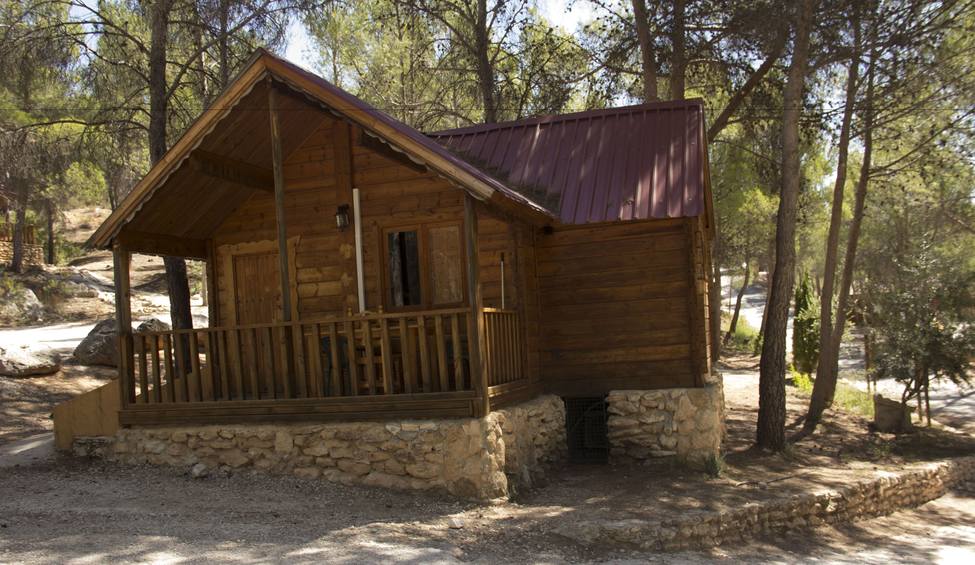 A rustic wooden cabin with a stone foundation, a porch, and a metal roof, surrounded by trees.