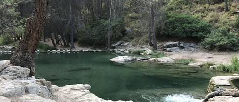 A natural landscape with a clear water body surrounded by rocks and trees.