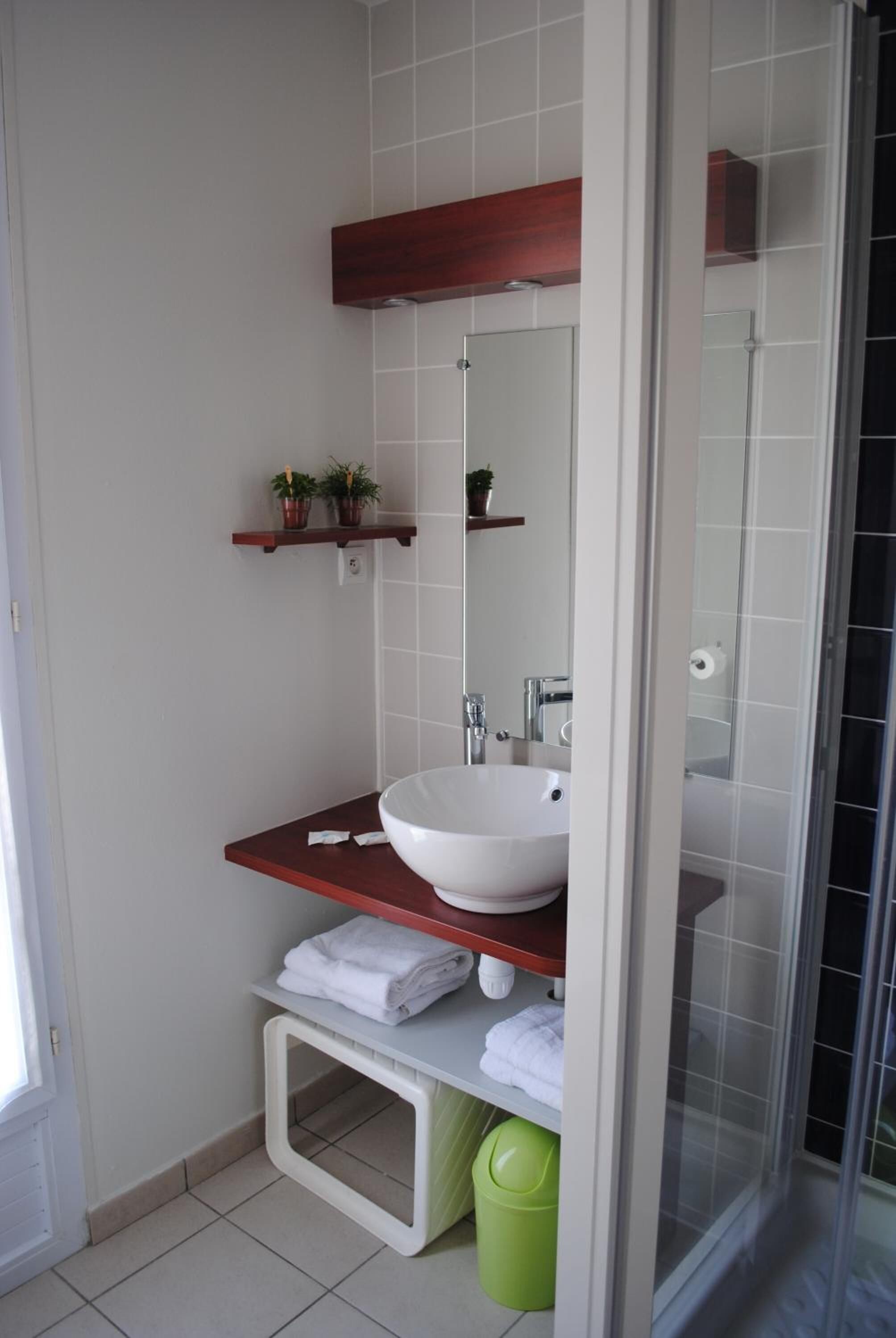 Une salle de bain avec un lavabo blanc, un miroir, une étagère en bois ornée de plantes et un espace douche.