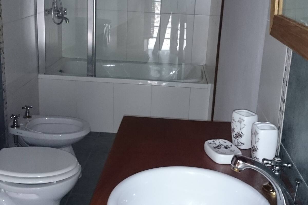 A bathroom with a bathtub, two toilets, a sink, and a mirror.